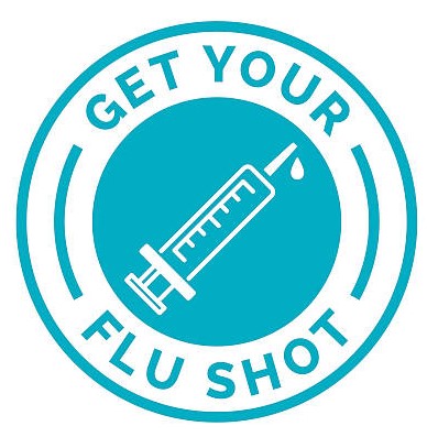 Get your flu shot vaccine sign badge with blue syringe stamp icon. Vector illustration.